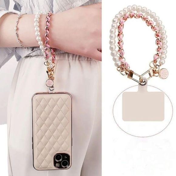 Camellia Pink Leather Pearl Mobile Phone Ring Anti-Theft Bracelet Lanyard - Picture 1 of 5